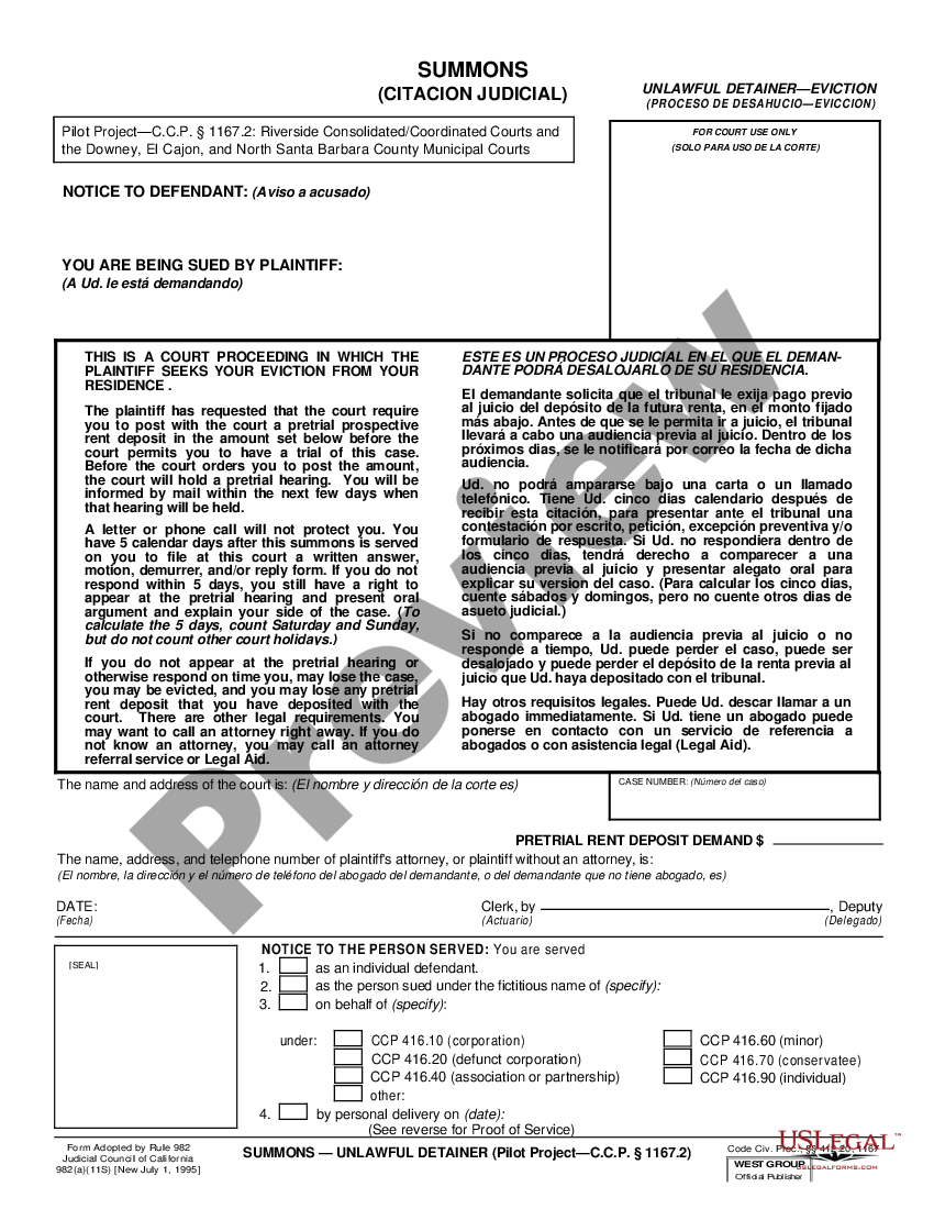 page 0 Summons - Unlawful Detainer - Pilot Project - C.C.P. 1167.2 - reverse Proof of Service preview