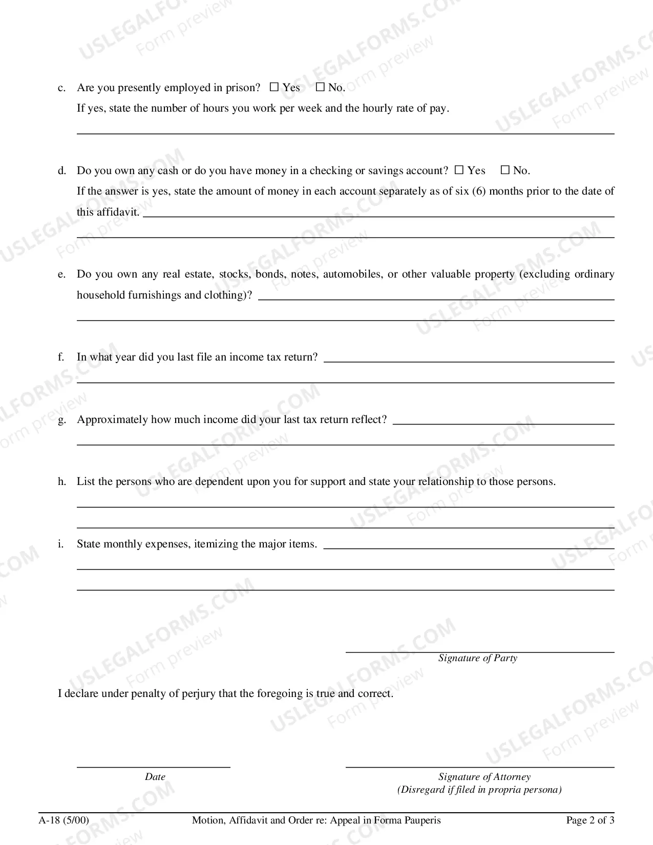 Preview Motion, Affidavit and Order Re: Appeal in Forma Pauperis