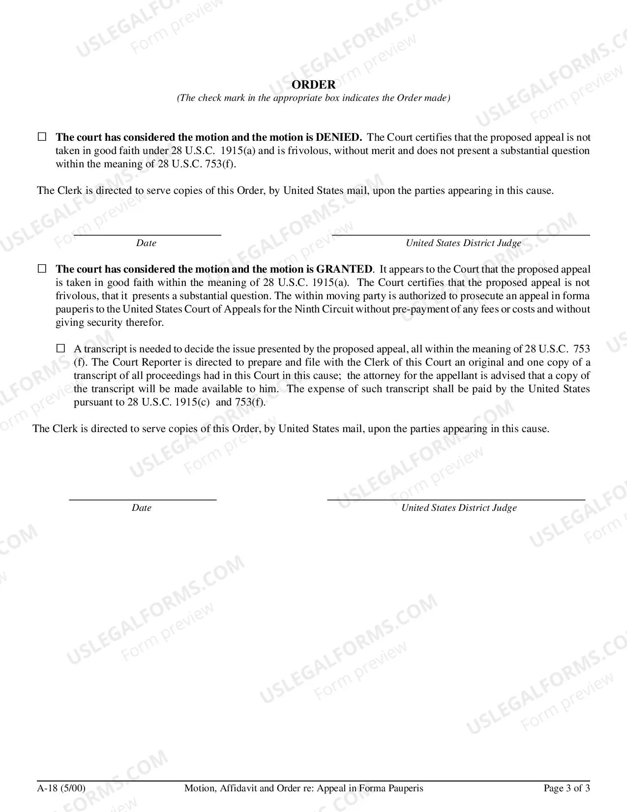 Preview Motion, Affidavit and Order Re: Appeal in Forma Pauperis