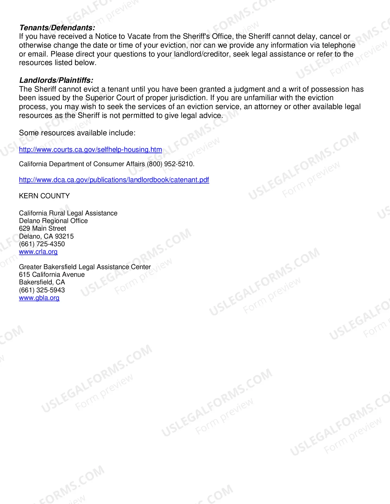 Preview Eviction Instructions To The Sheriff Of Kern County