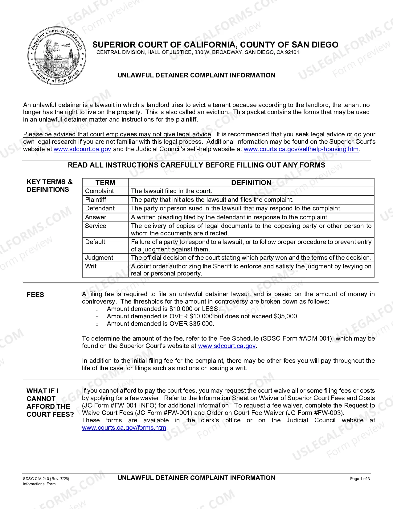Preview Unlawful Detainer Complaint Packet of Forms and Information