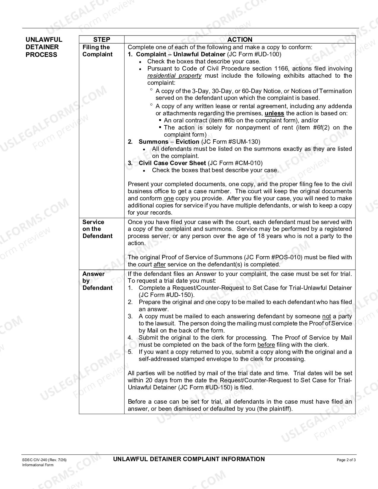 Preview Unlawful Detainer Complaint Packet of Forms and Information