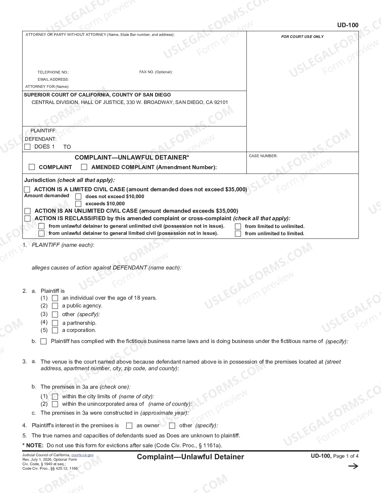 Preview Unlawful Detainer Complaint Packet of Forms and Information