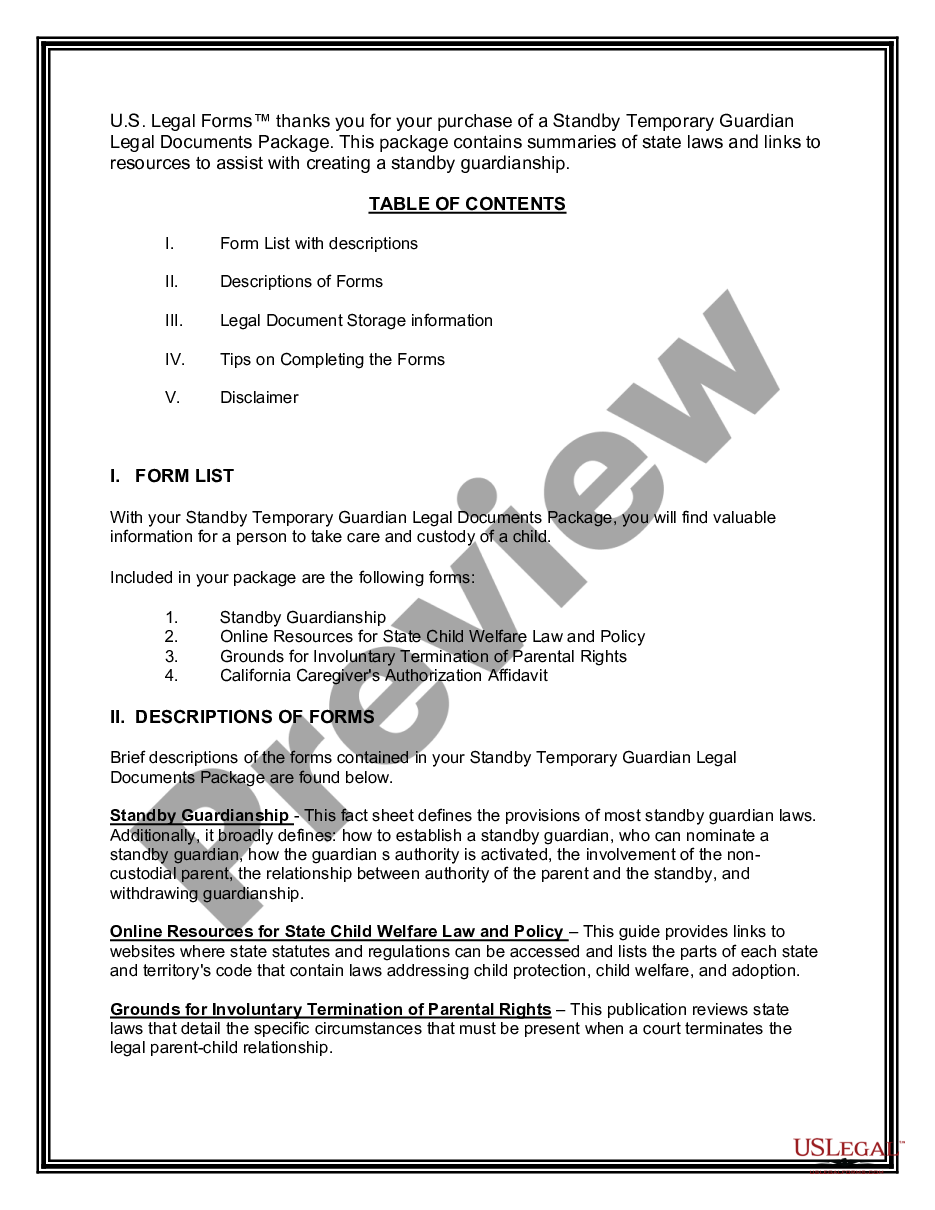 page 1 California Standby Temporary Guardian Legal Documents Package preview