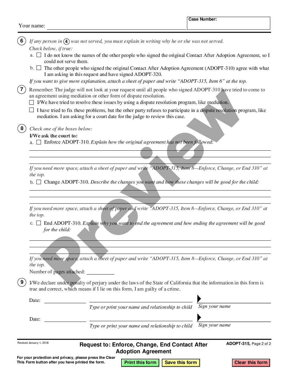 form Request to Enforce, Change, End Contact After Adoption Agreement preview