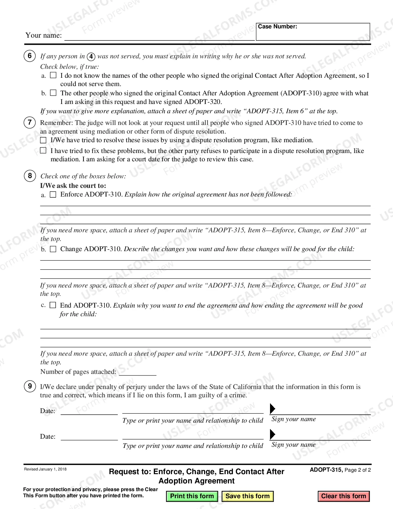 Preview Request to Enforce, Change, End Contact After Adoption Agreement