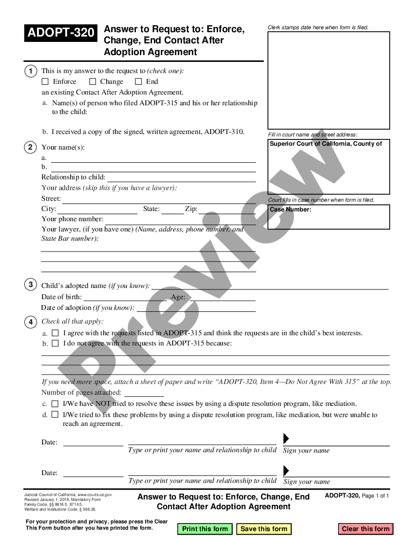 form Response to Petition for Enforcement, Modification, or Termination of Post-Adoption Contact Agreement preview