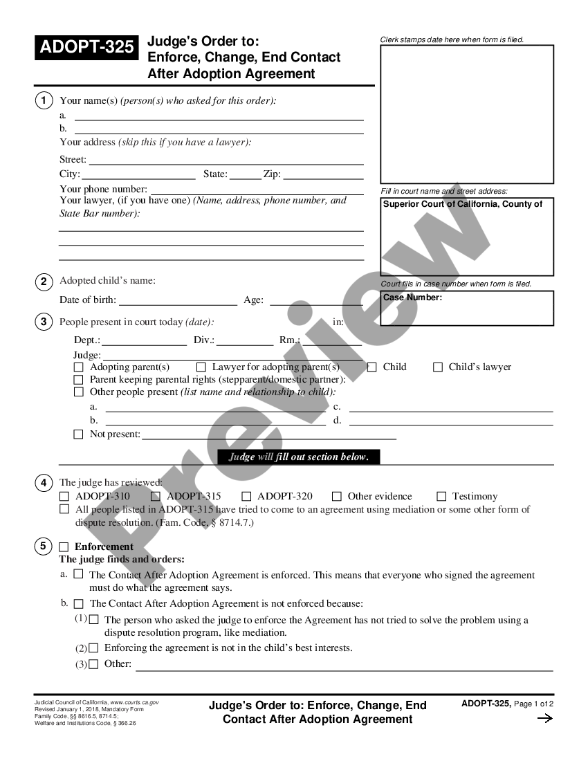 page 0 Judge's Order to Enforce, Change, End Contact After Adoption Agreement preview