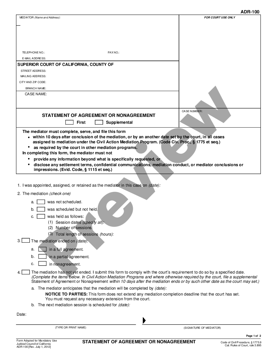 form Statement of Agreement of Nonagreement preview