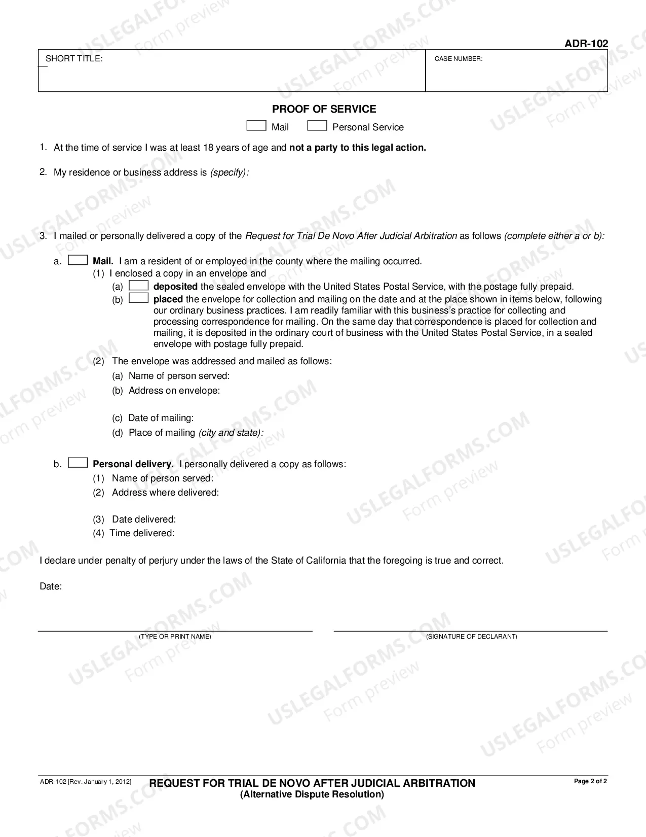 Preview Request for Trial De Novo After Judicial Arbitration
