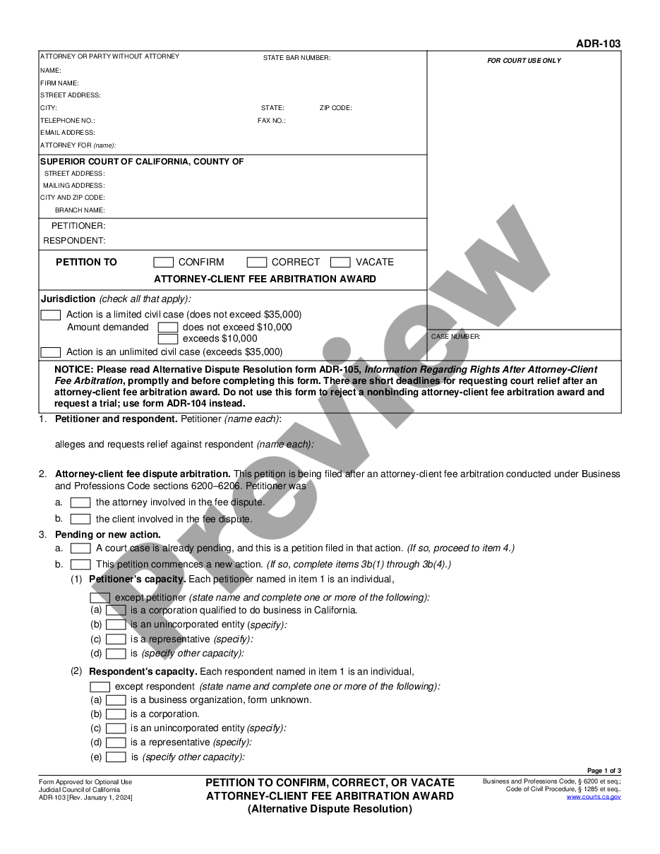 form Petition After Attorney - Client Fee Arbitration - to confirm, correct, or vacate award preview