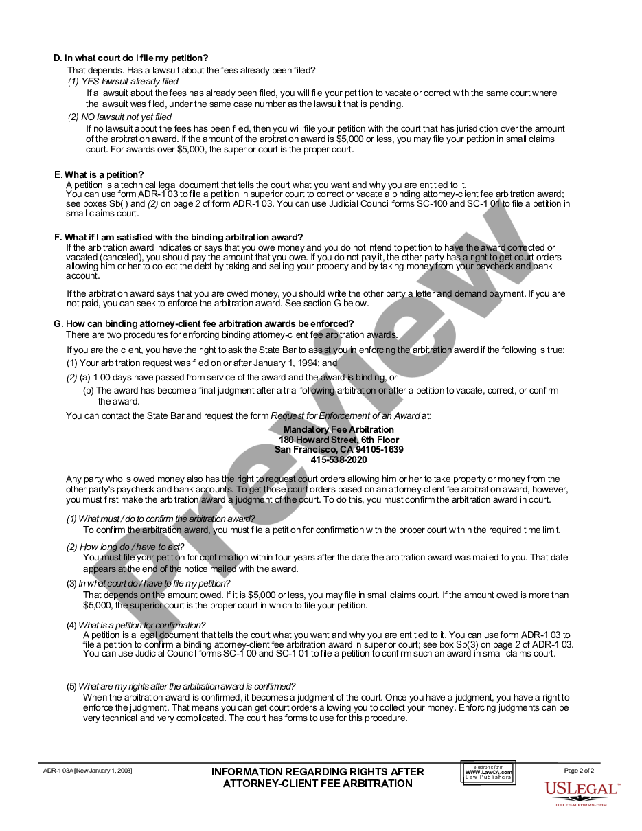 page 1 Information Regarding Rights After Attorney - Client Fee Arbitration preview