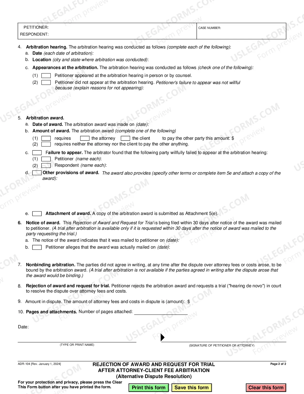 Preview Rejection of Award and Request for Trial After Attorney-Client Fee Arbitration