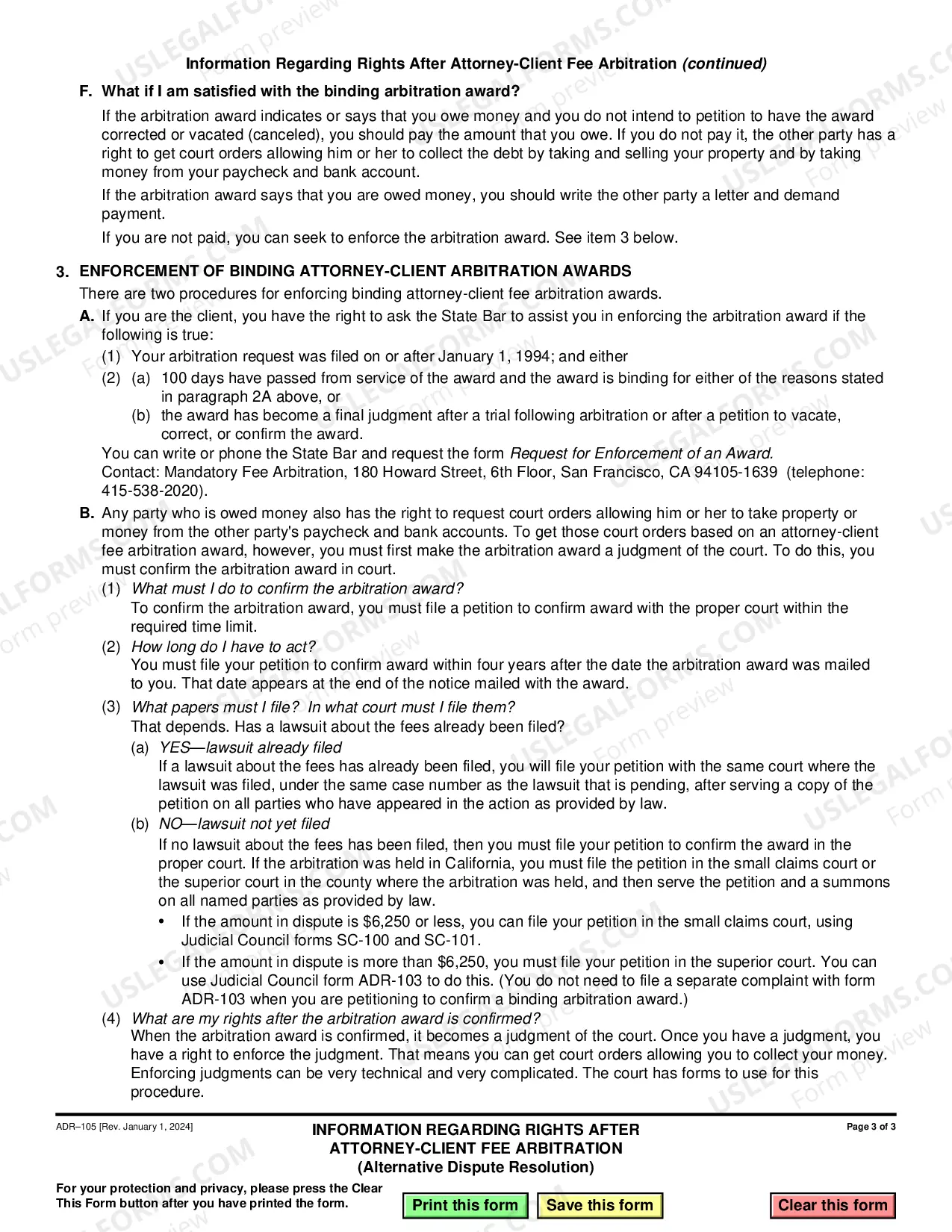 Preview Information Regarding Rights After Attorney-Client Fee Arbitration