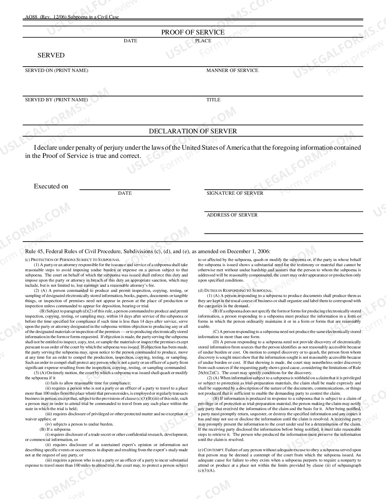 Preview Subpoena in a Civil Case