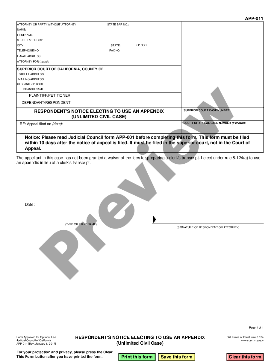 form Respondent's Notice Electing to Use an Appendix - Unlimited Civil Case preview