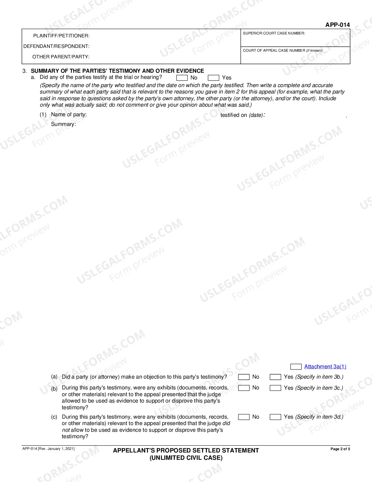 Preview Appellant's Proposed Settled Statement - Unlimited Civil Case