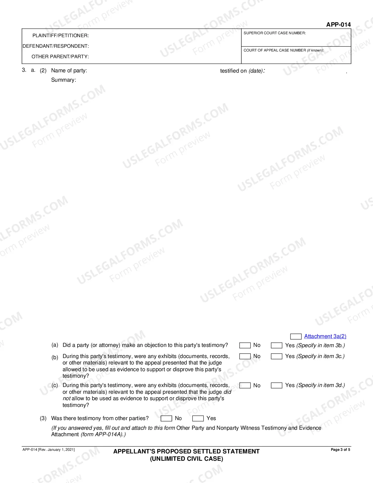 Preview Appellant's Proposed Settled Statement - Unlimited Civil Case