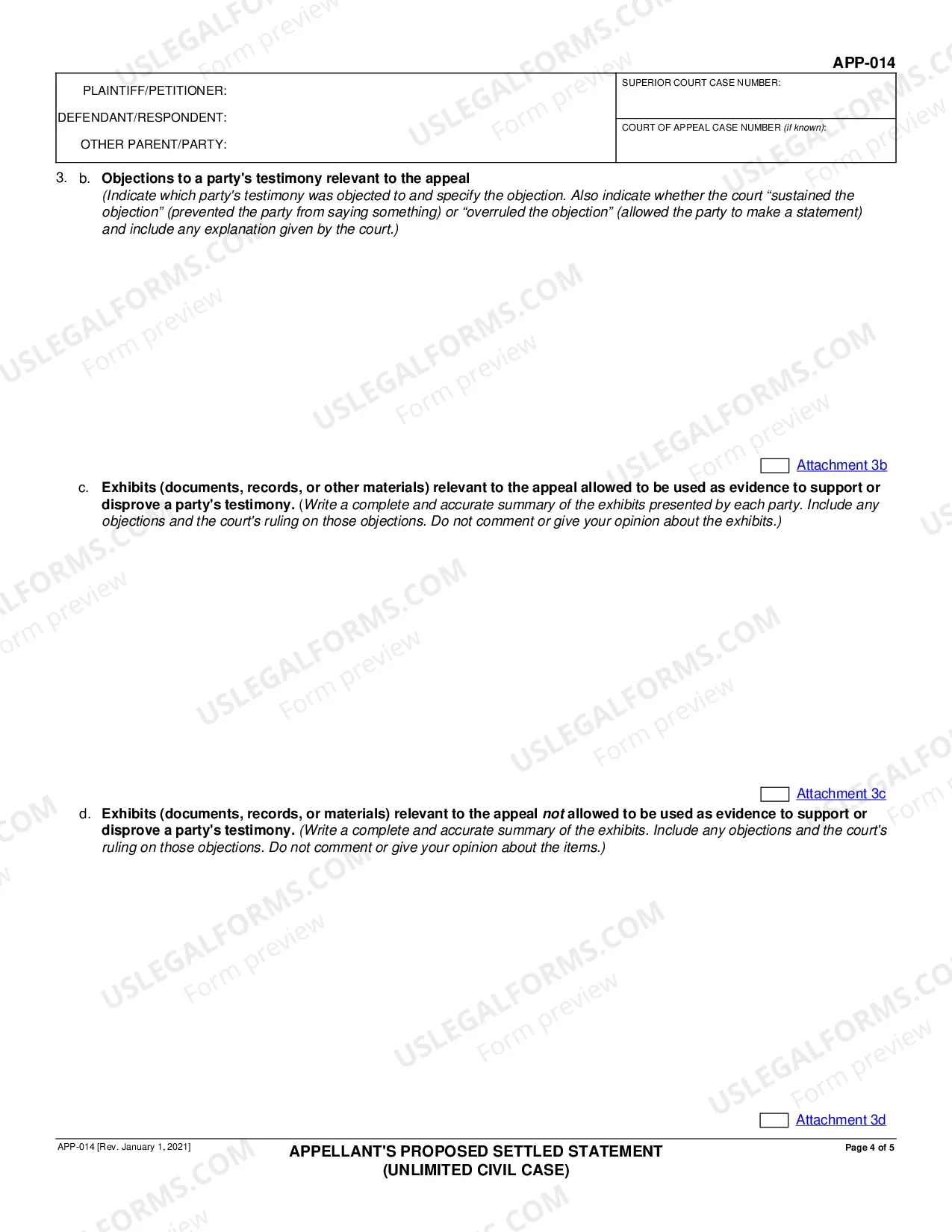 Preview Appellant's Proposed Settled Statement - Unlimited Civil Case