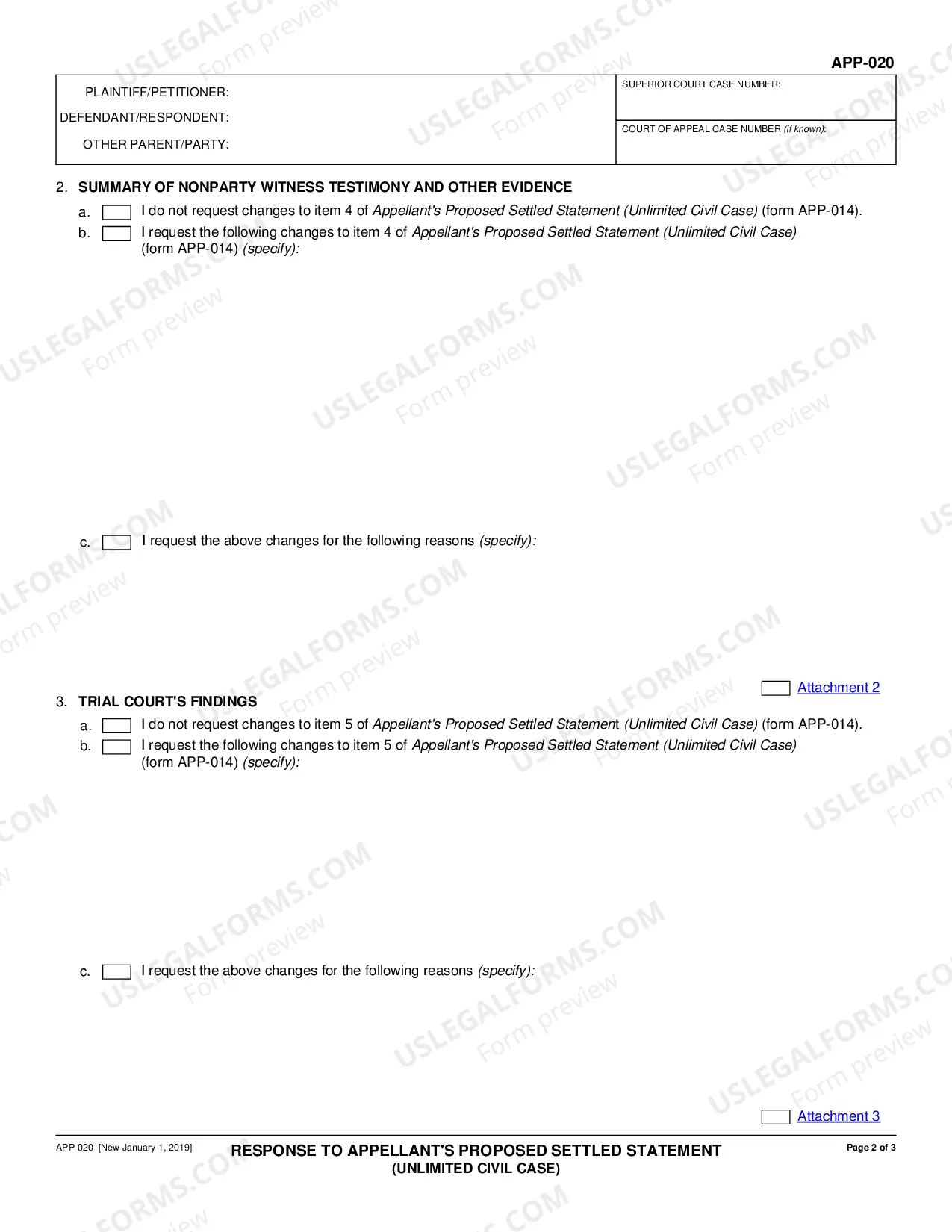 Preview Response to Appellant's Proposed Settled Statement - Unlimited Civil Case