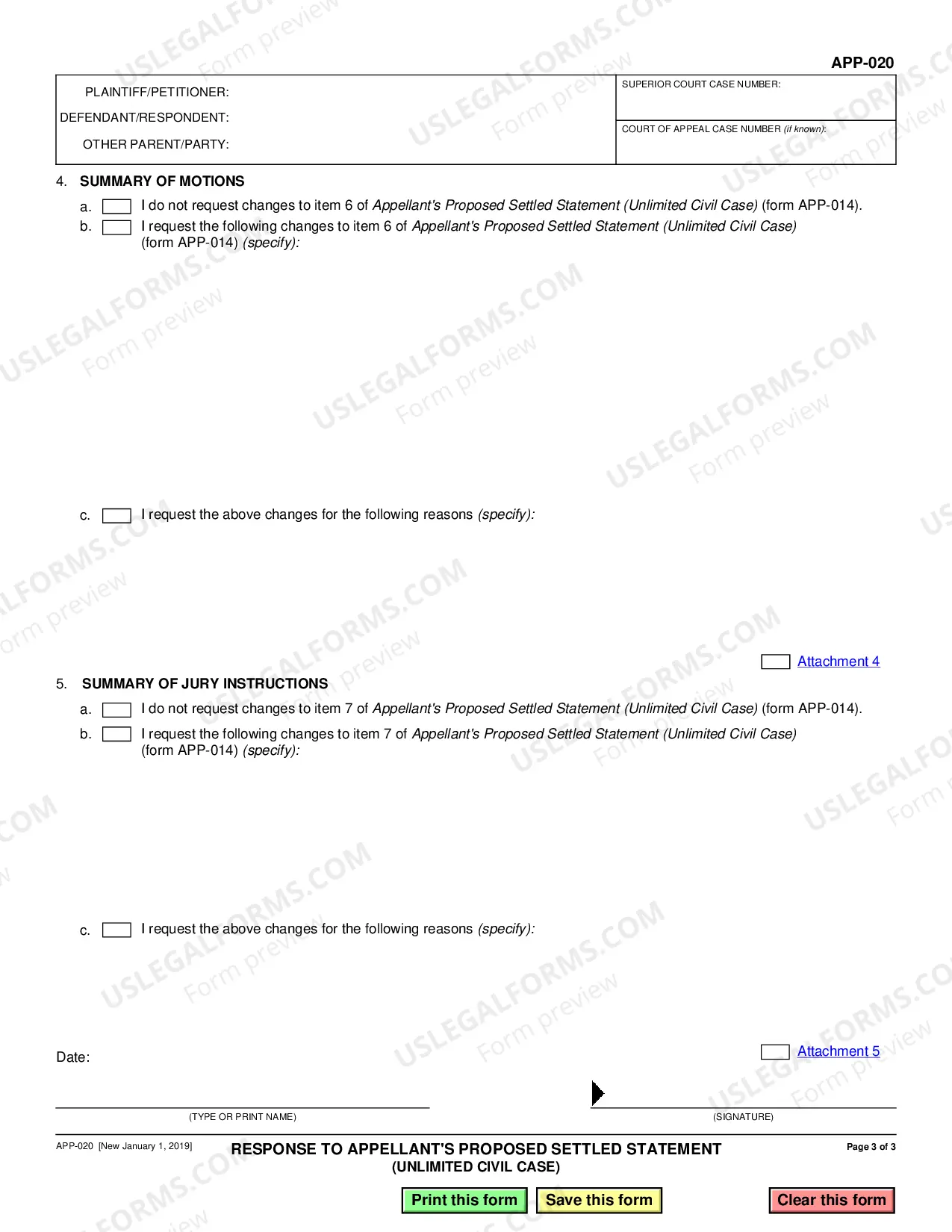 Preview Response to Appellant's Proposed Settled Statement - Unlimited Civil Case