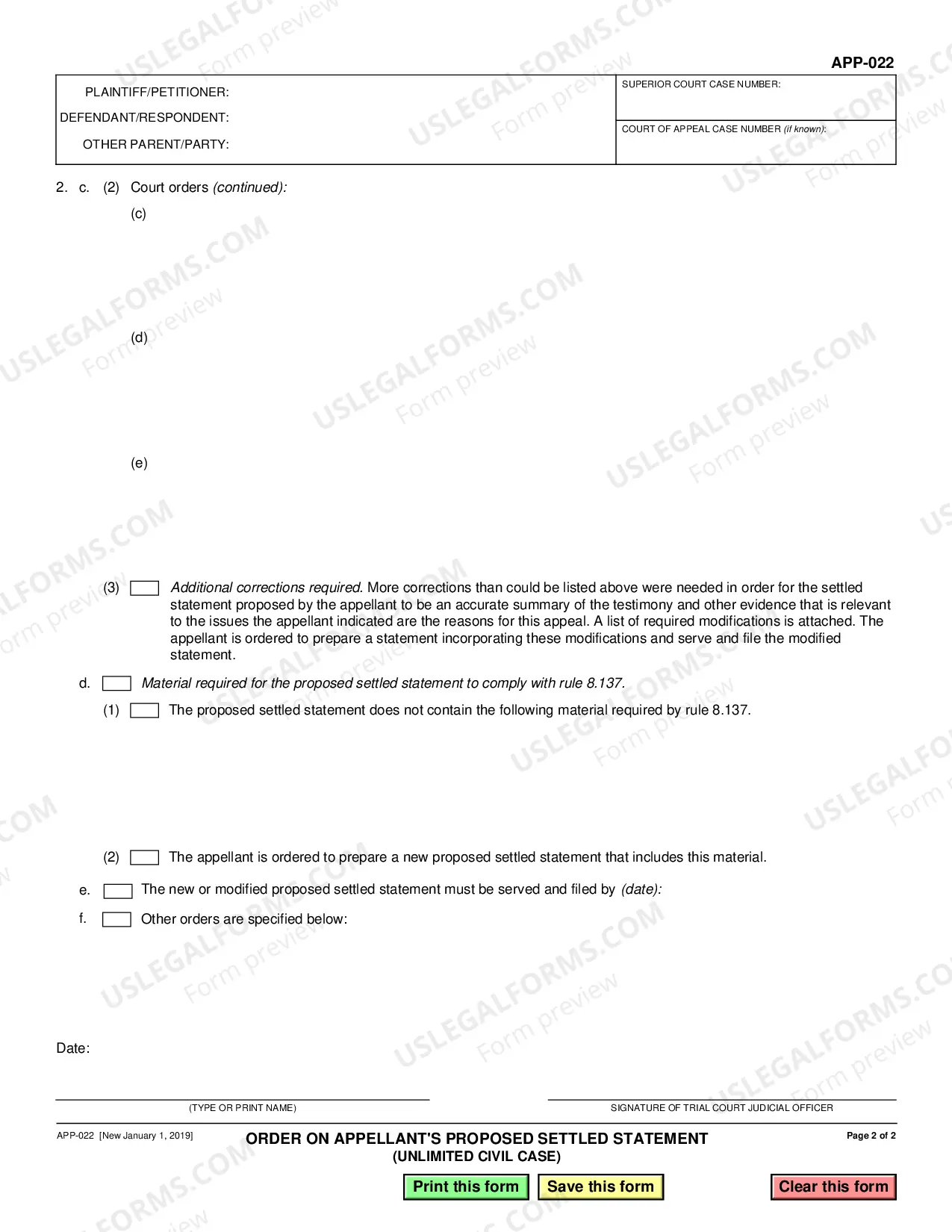 Preview Order on Appellant's Proposed Settled Statement - Unlimited Civil Case