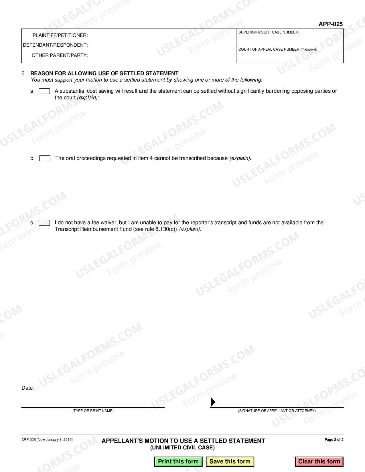 Preview Appellant Motion to Use a Settled Statement - Unlimited Civil Case