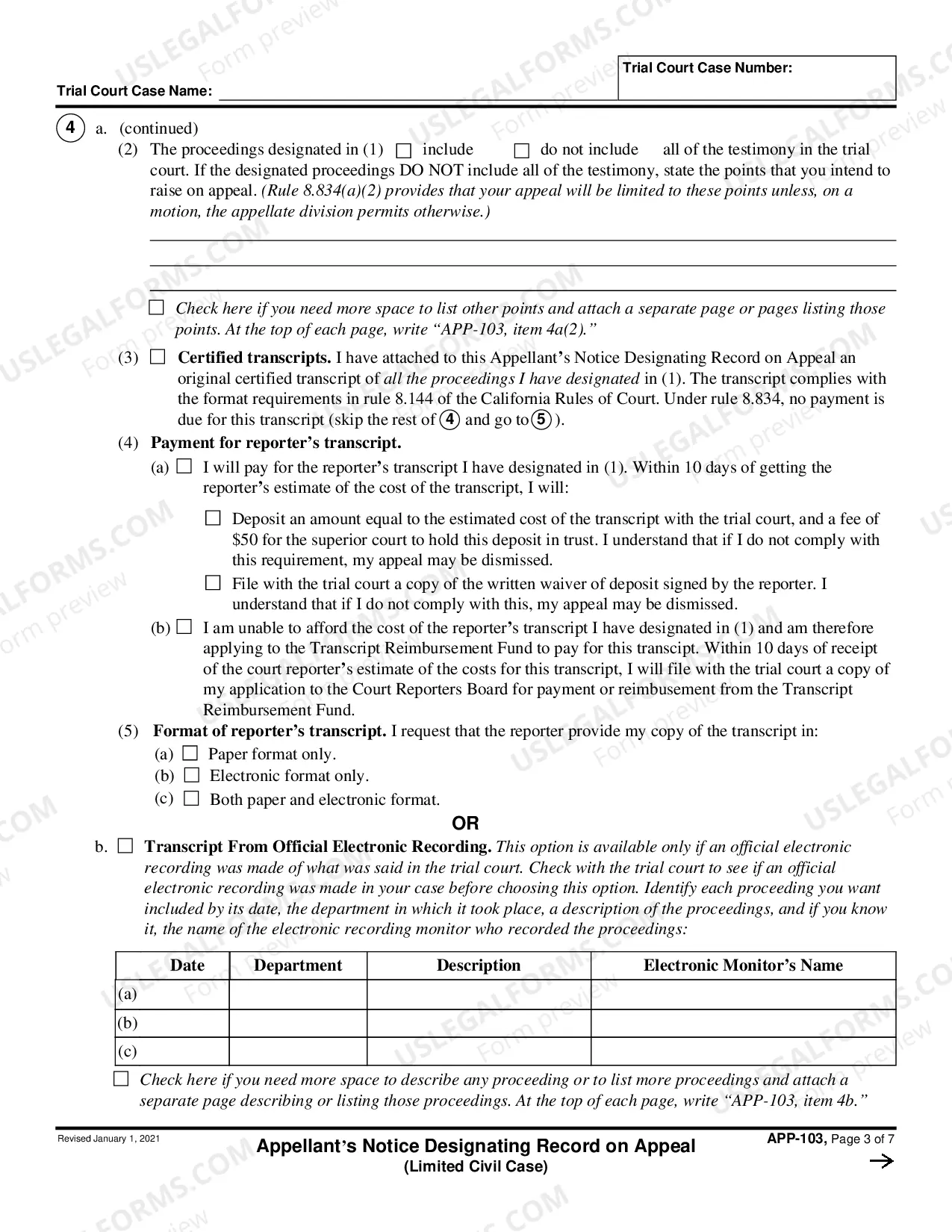 Preview Notice Designating Record on Appeal - Limited Civil Cases