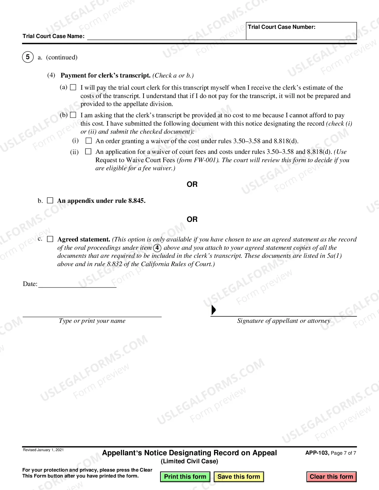 Preview Notice Designating Record on Appeal - Limited Civil Cases
