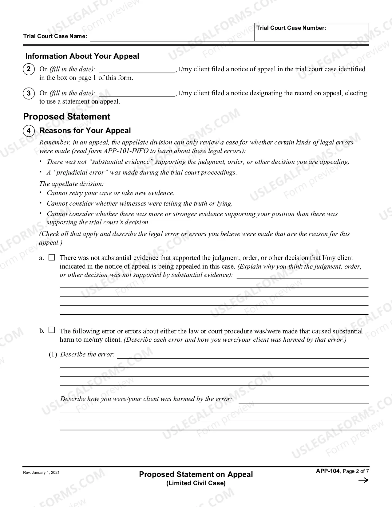 Preview Proposed Statement on Appeal - Limited Civil Cases