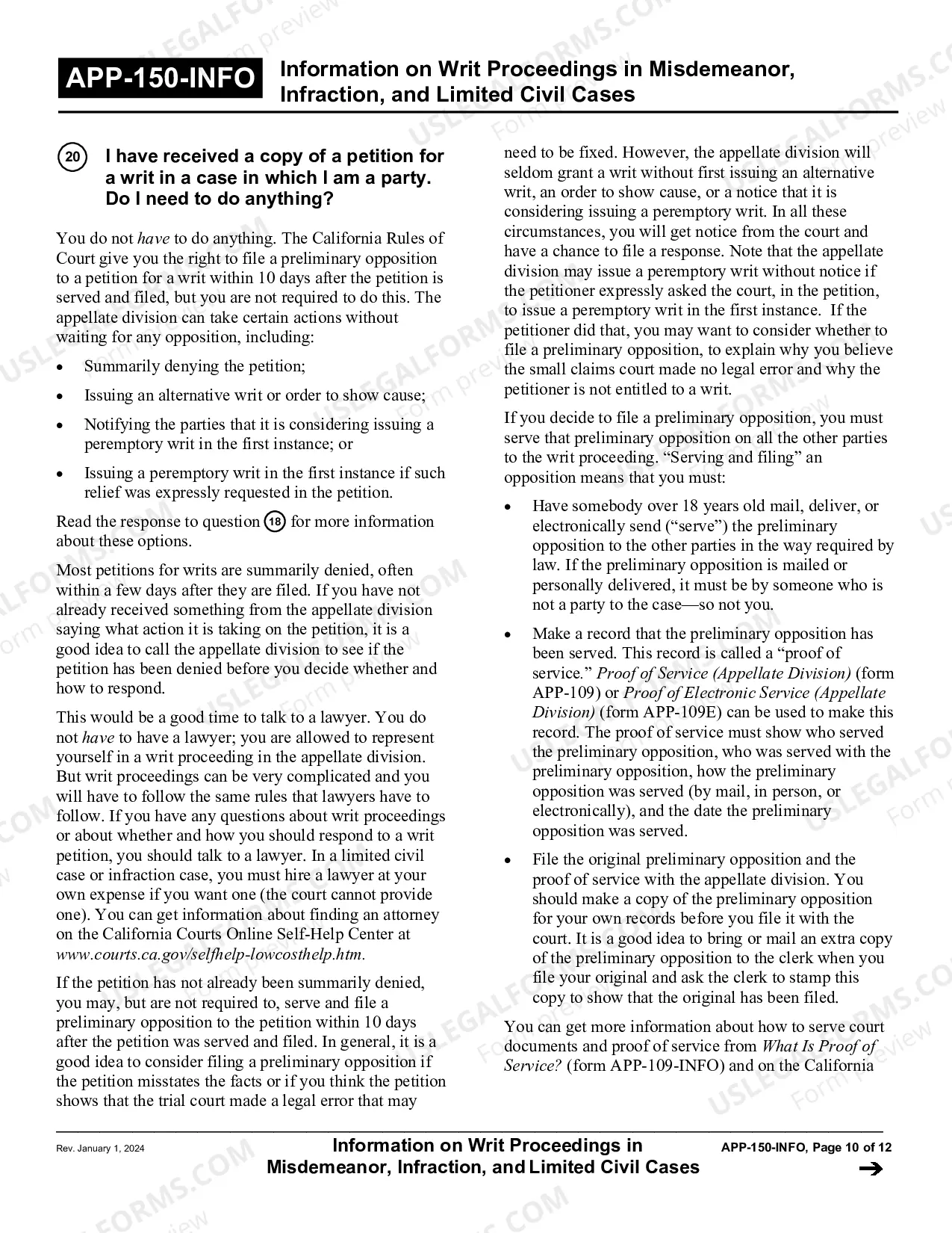 Preview Information on Writ Proceedings in Misdemeanor, Infraction, and Limited Civil Cases