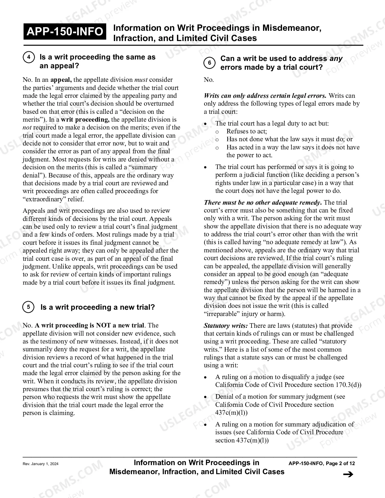 Preview Information on Writ Proceedings in Misdemeanor, Infraction, and Limited Civil Cases