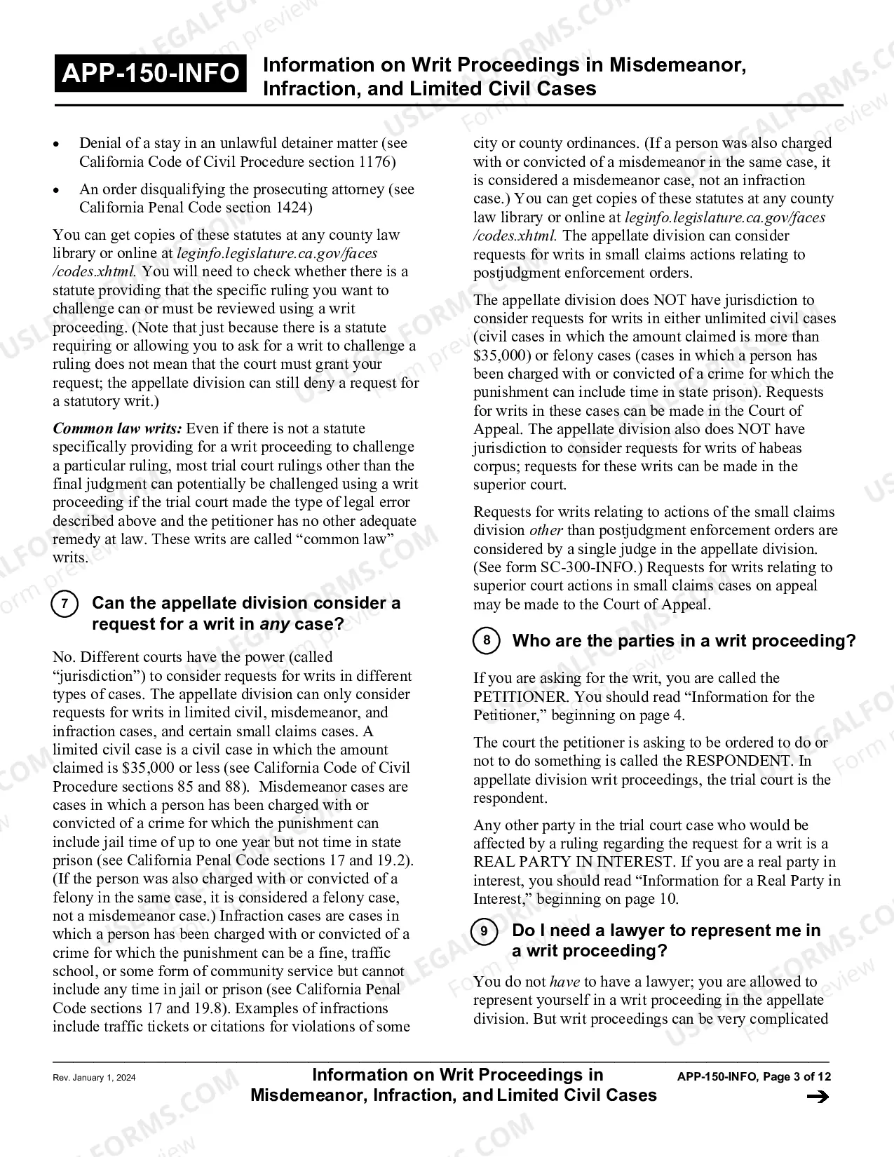 Preview Information on Writ Proceedings in Misdemeanor, Infraction, and Limited Civil Cases