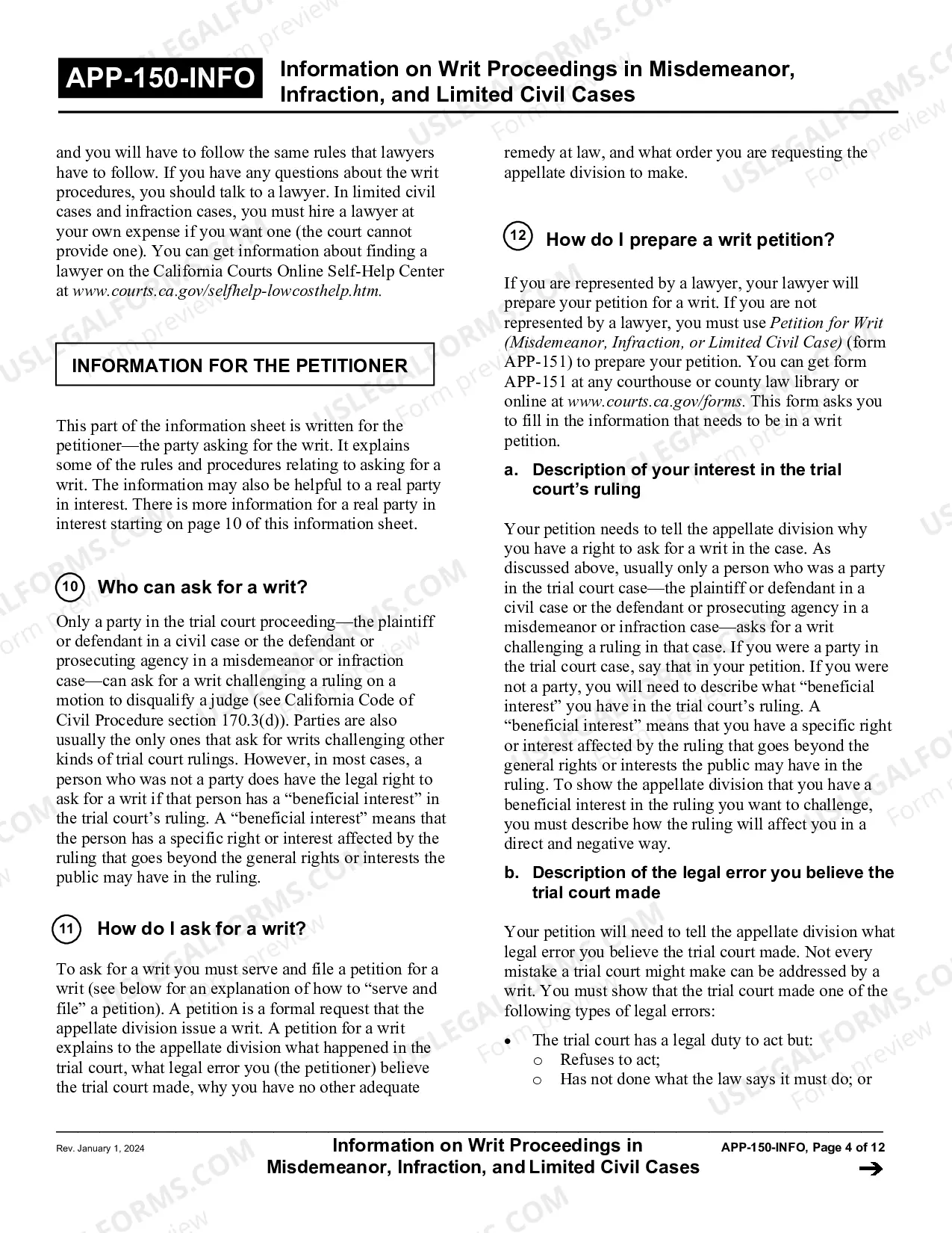 Preview Information on Writ Proceedings in Misdemeanor, Infraction, and Limited Civil Cases