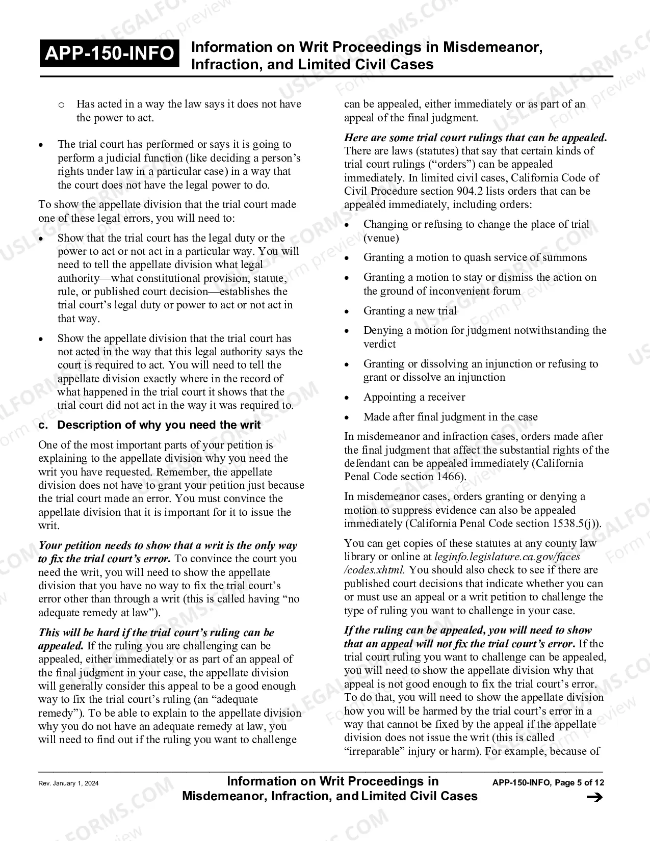 Preview Information on Writ Proceedings in Misdemeanor, Infraction, and Limited Civil Cases