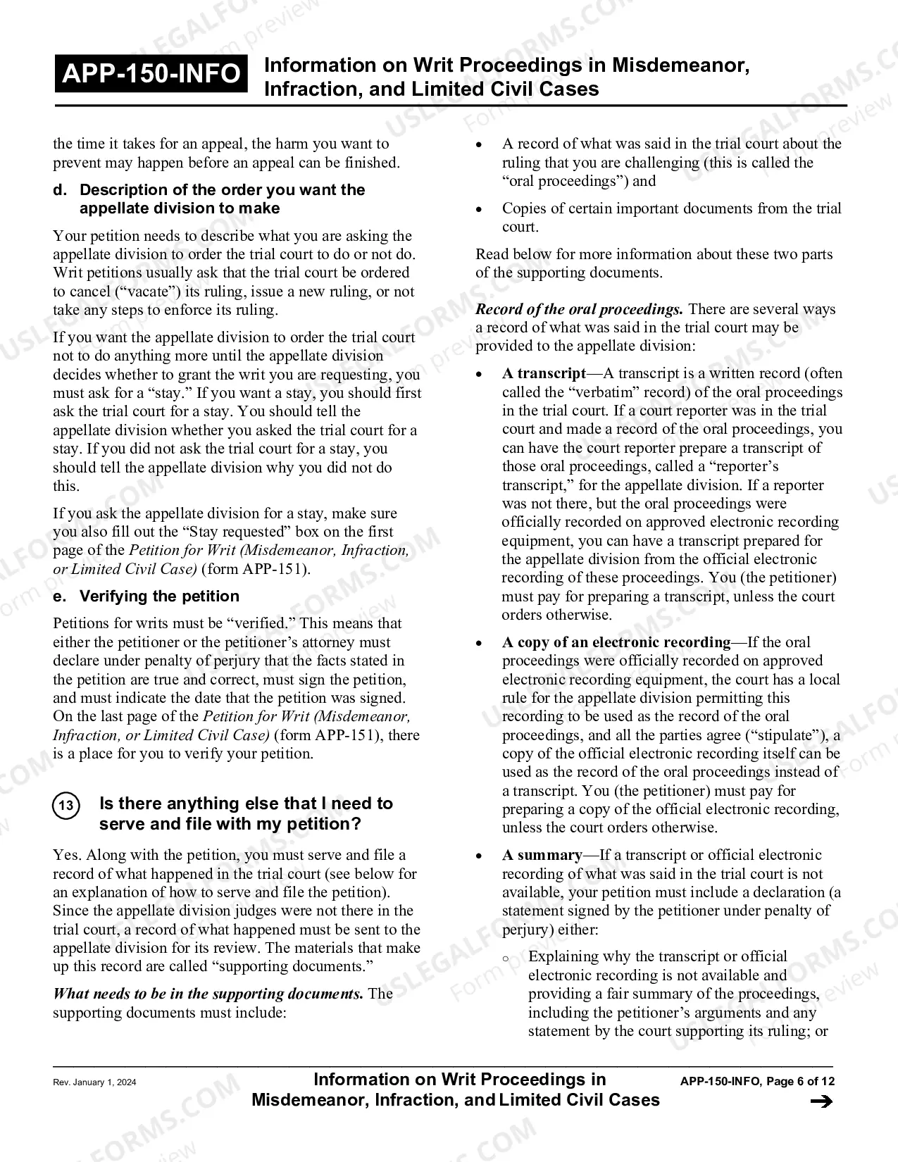 Preview Information on Writ Proceedings in Misdemeanor, Infraction, and Limited Civil Cases