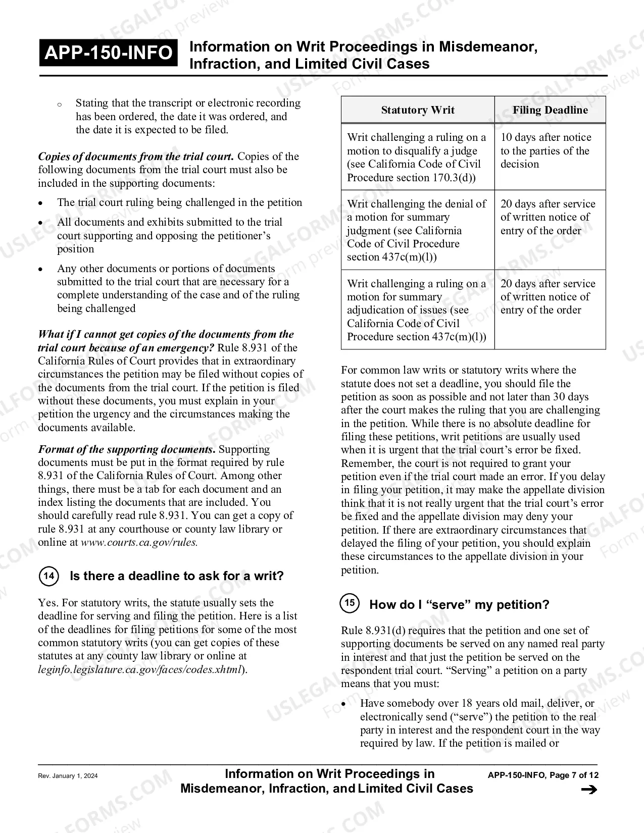 Preview Information on Writ Proceedings in Misdemeanor, Infraction, and Limited Civil Cases