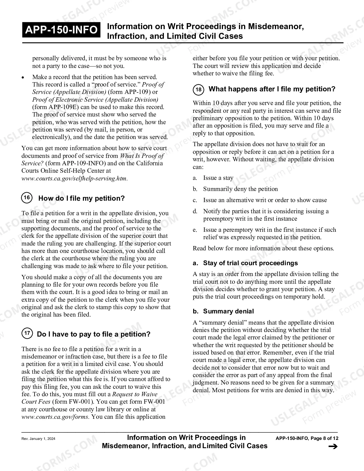 Preview Information on Writ Proceedings in Misdemeanor, Infraction, and Limited Civil Cases