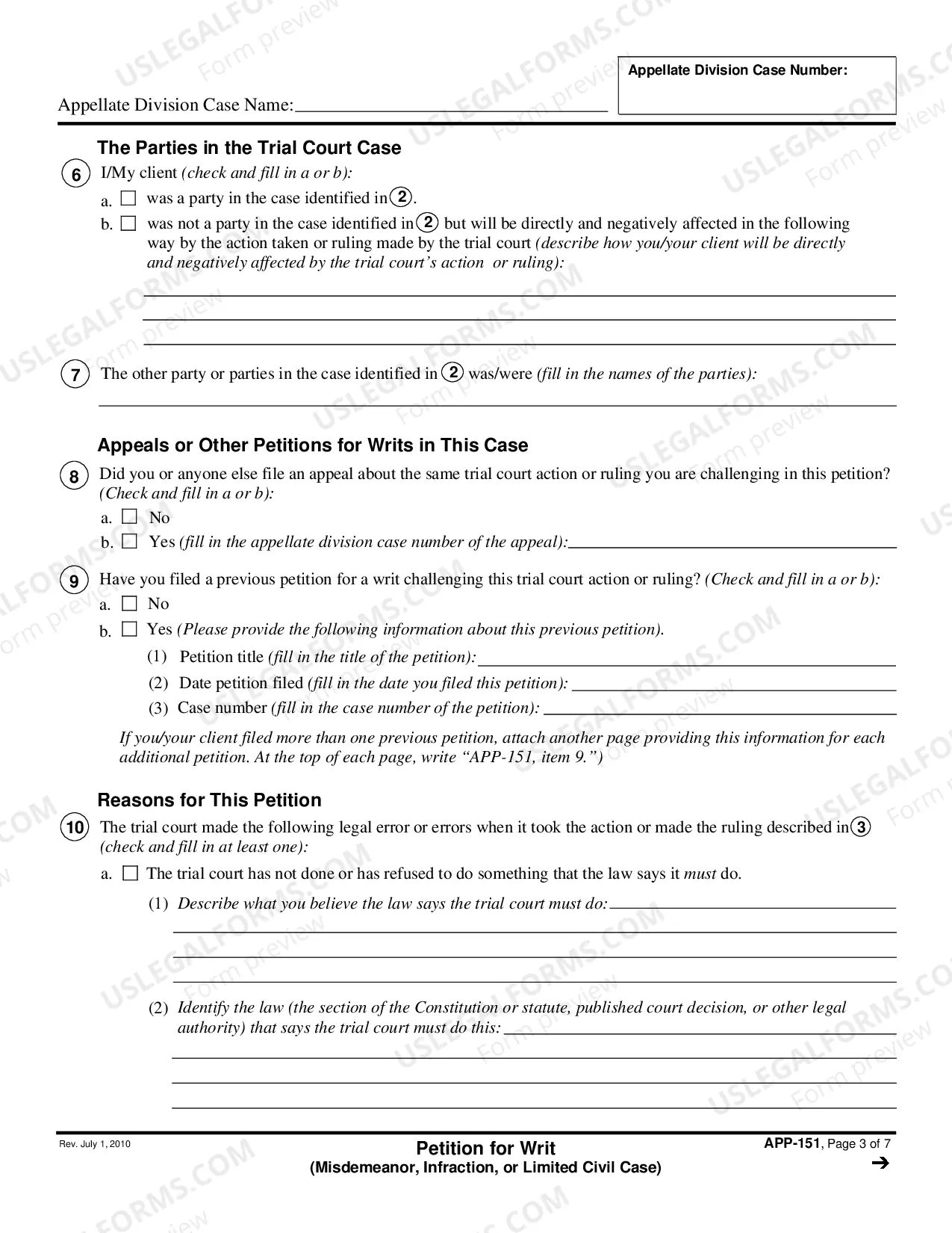 Preview Petition for Writ - Misdemeanor, Infraction, and Limited Civil Cases
