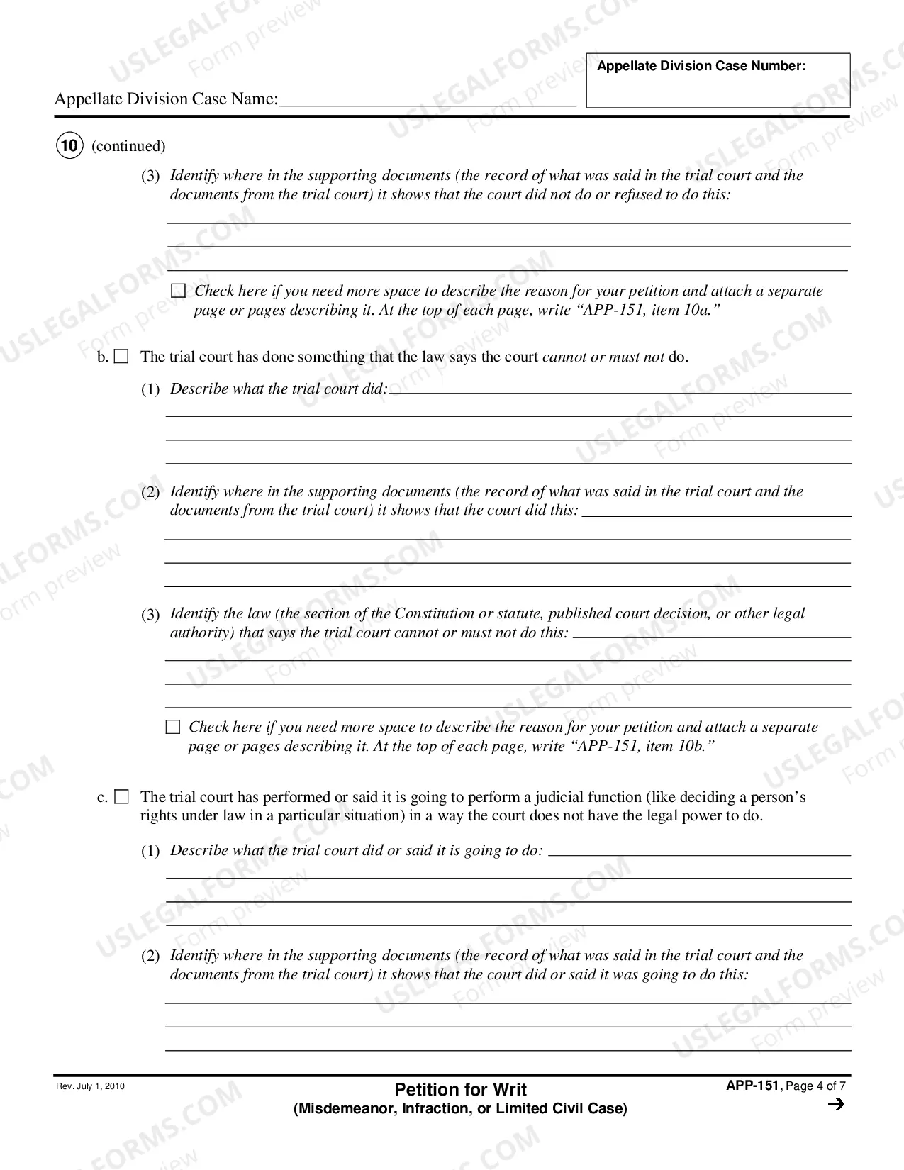 Preview Petition for Writ - Misdemeanor, Infraction, and Limited Civil Cases