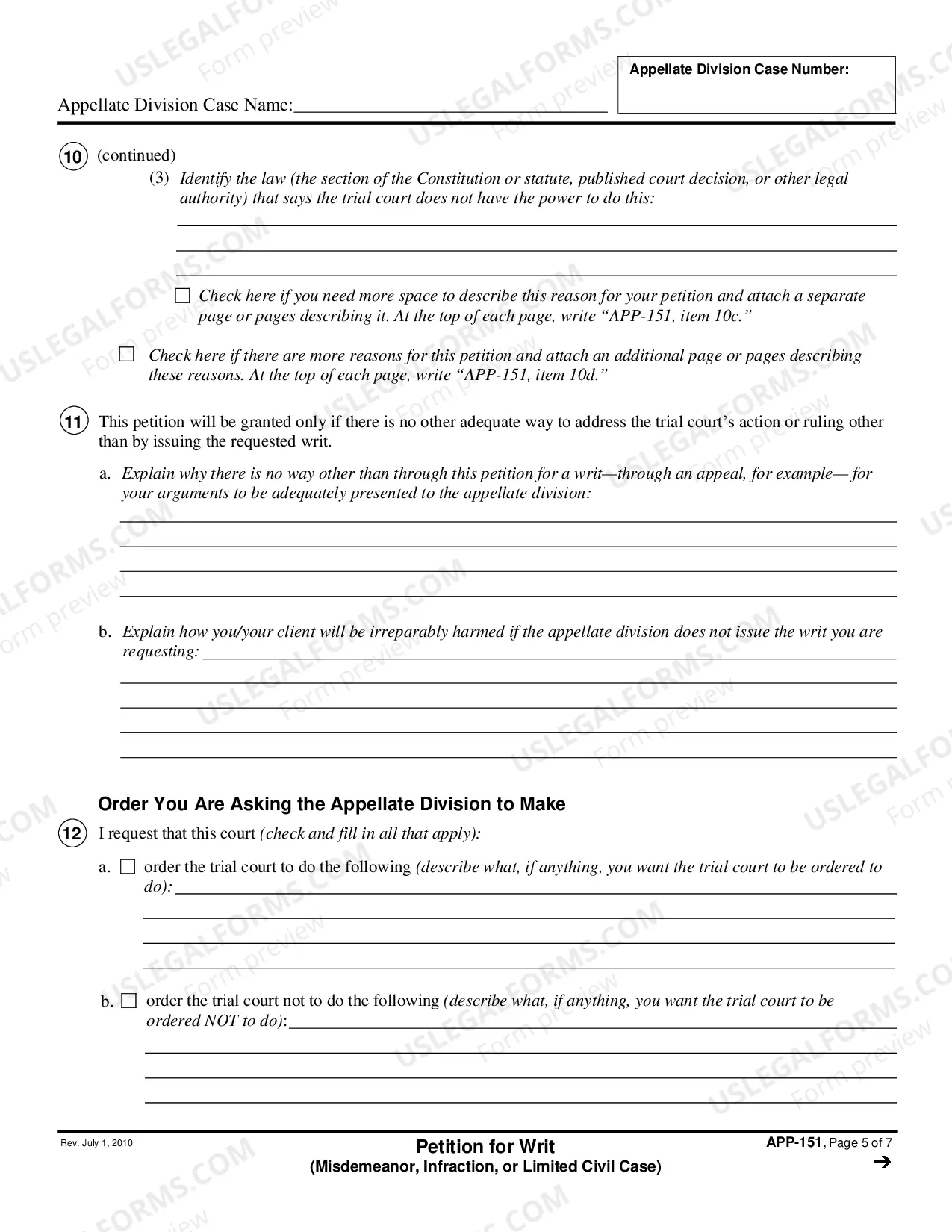 Preview Petition for Writ - Misdemeanor, Infraction, and Limited Civil Cases