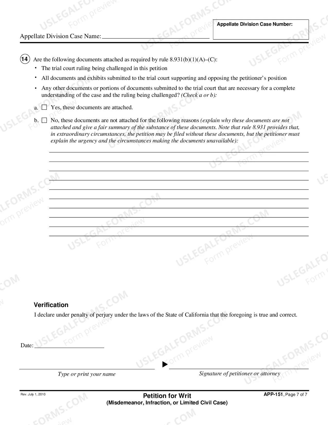 Preview Petition for Writ - Misdemeanor, Infraction, and Limited Civil Cases