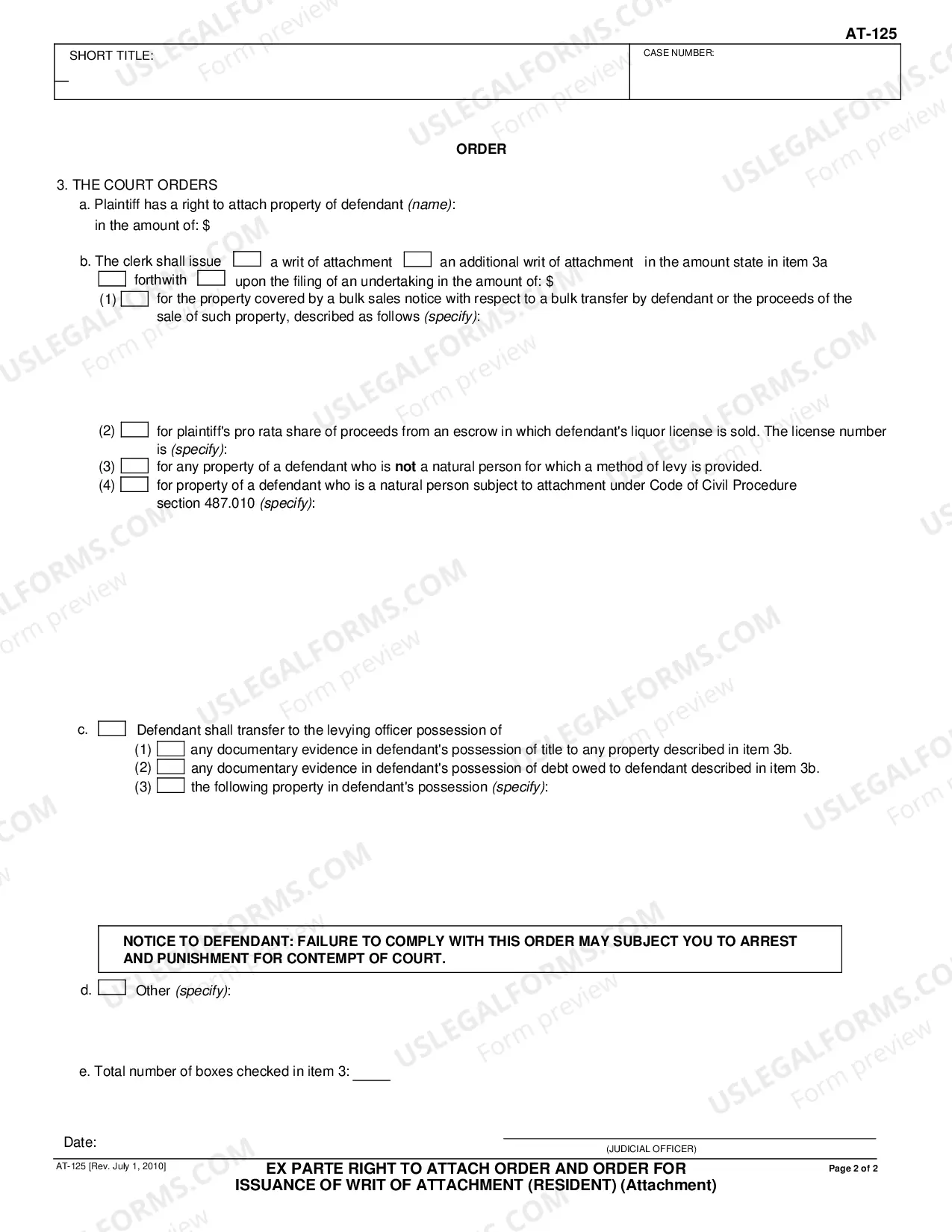 Preview Ex Parte Right to Attach Order and Order for Issuance of Writ of Attachment - Resident