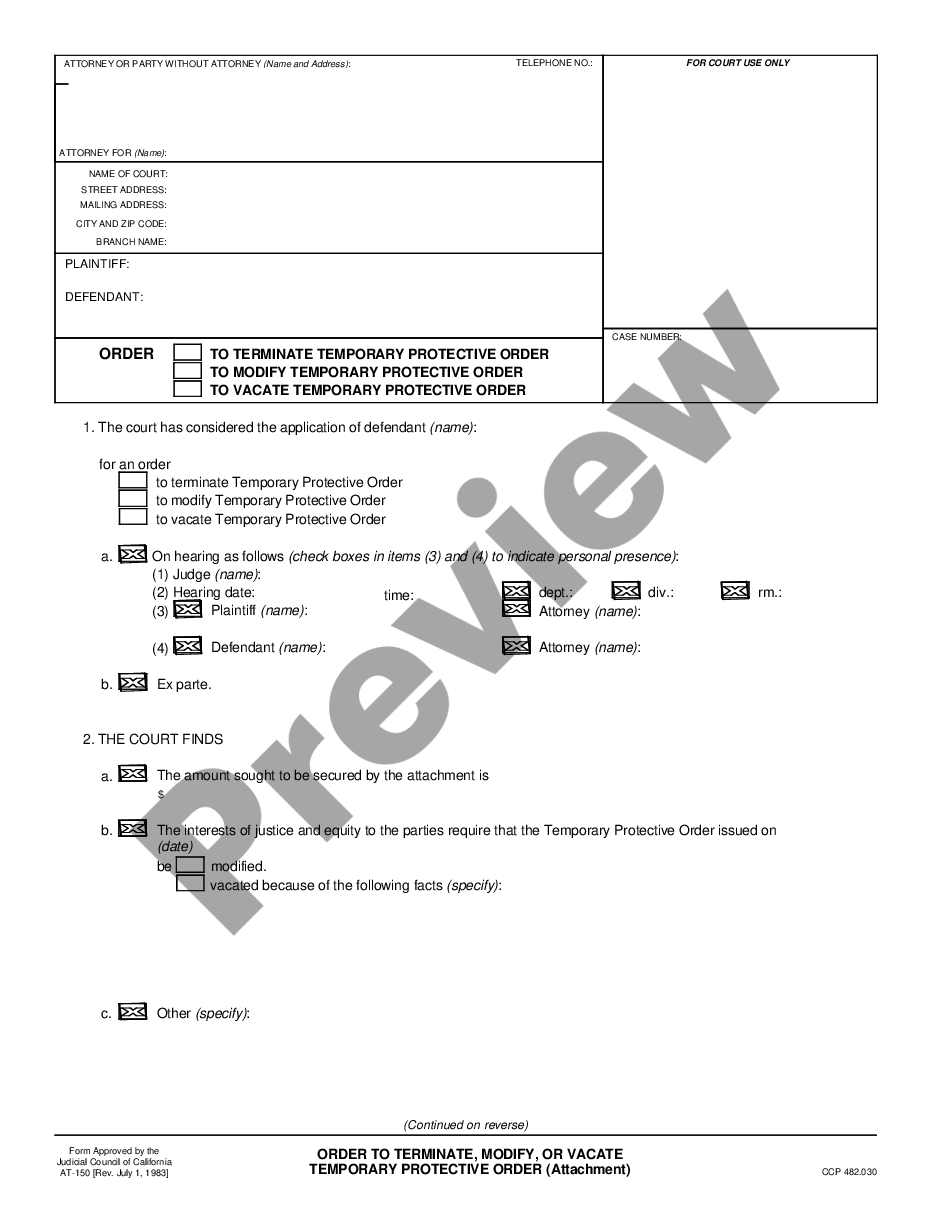 page 0 Order to Terminate, Modify, or Vacate Temporary Protective Order preview