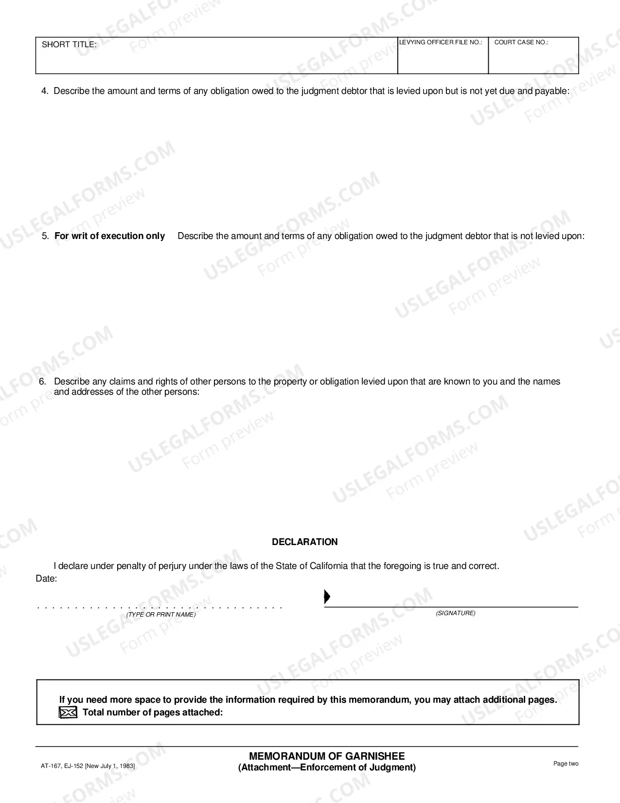 Preview Memorandum Of Garnishee - same as EJ-152