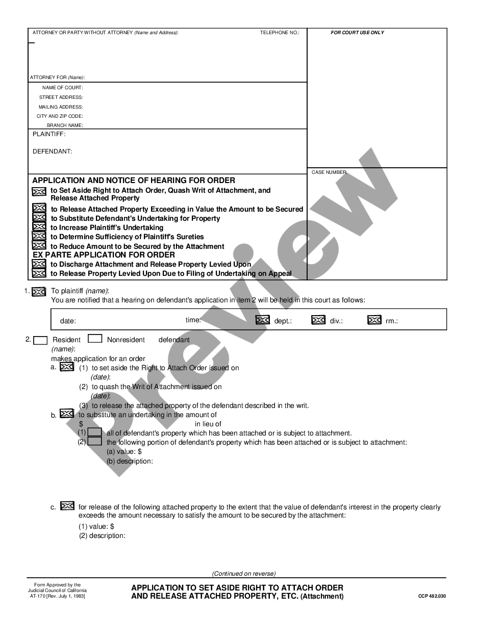 page 0 Application to Set Aside Right to Attach Order and Release Attached Property, etc. preview