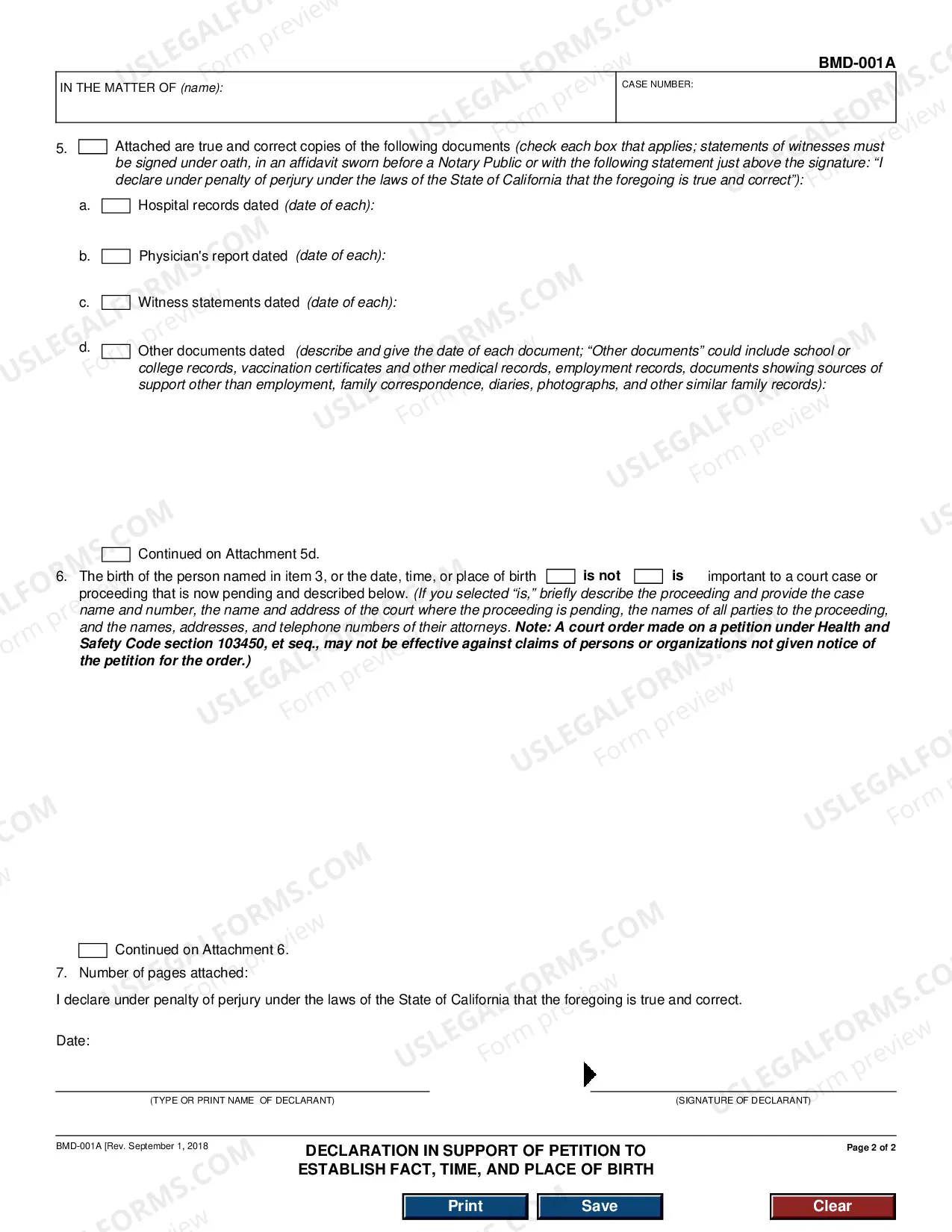 Preview Declaration in Support of Petition to Establish Fact, Time, and Place of Birth