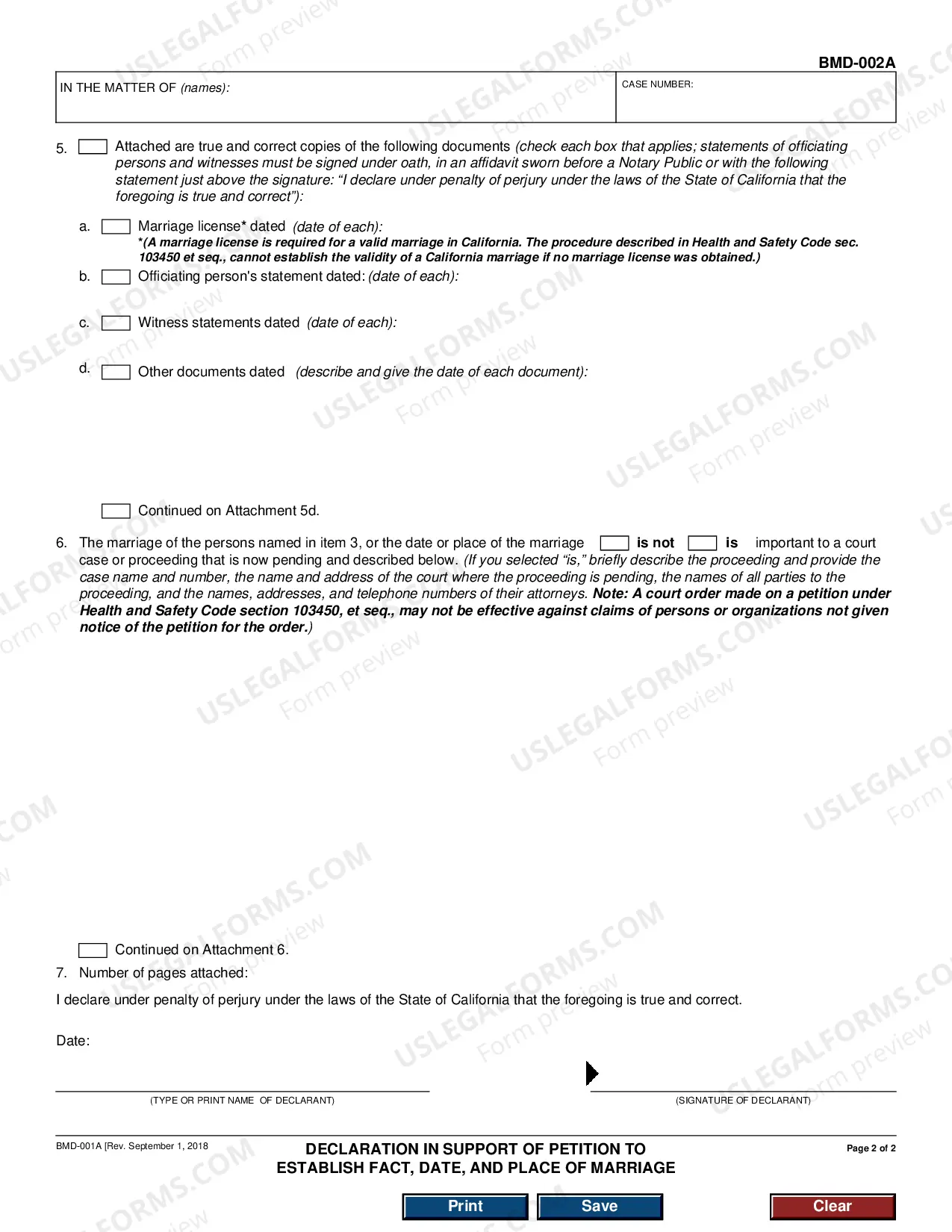 Preview Declaration in Support of Petition to Establish Fact, Time, and Place of Marriage