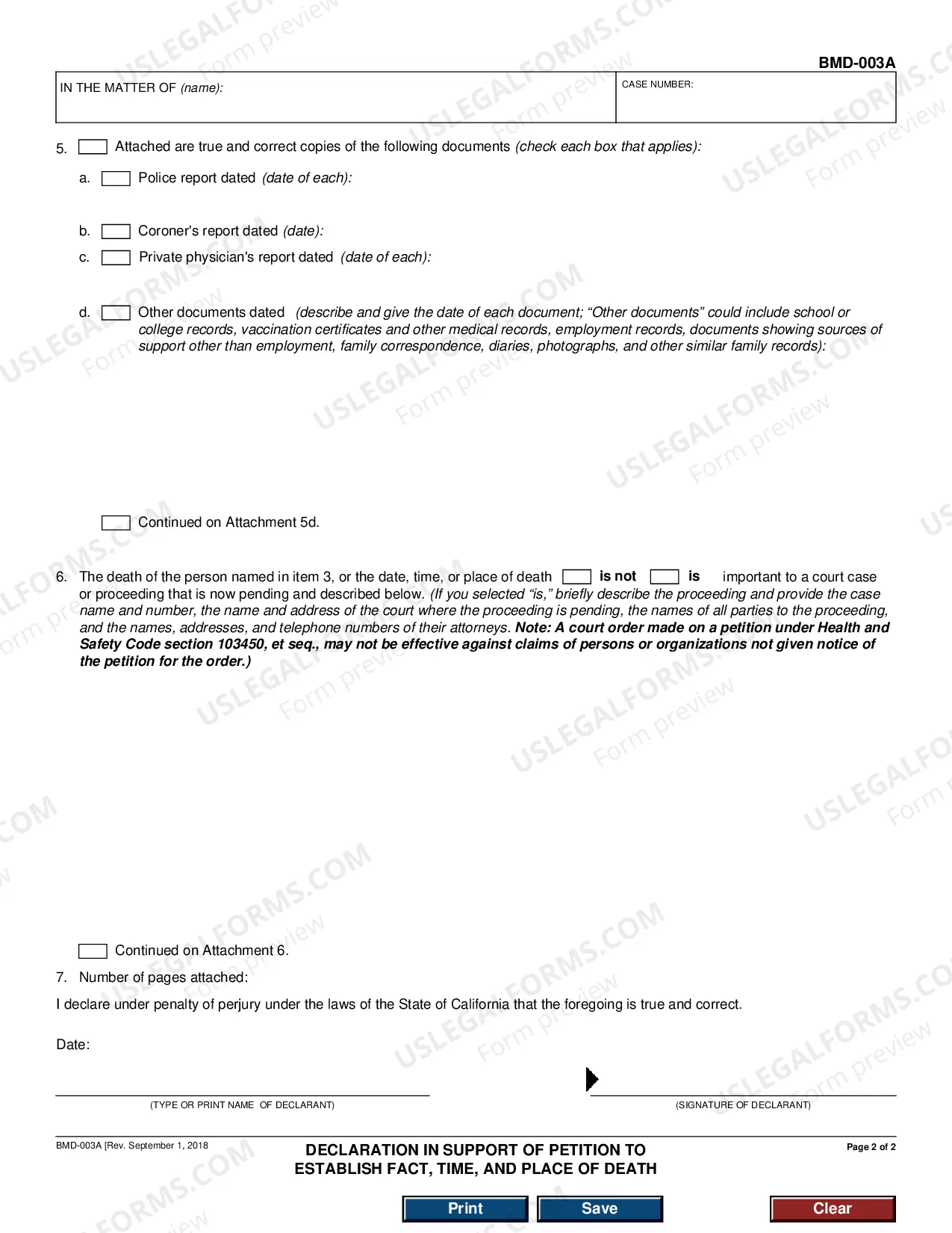 Preview Declaration in Support of Petition to Establish Fact, Date, and Place of Death