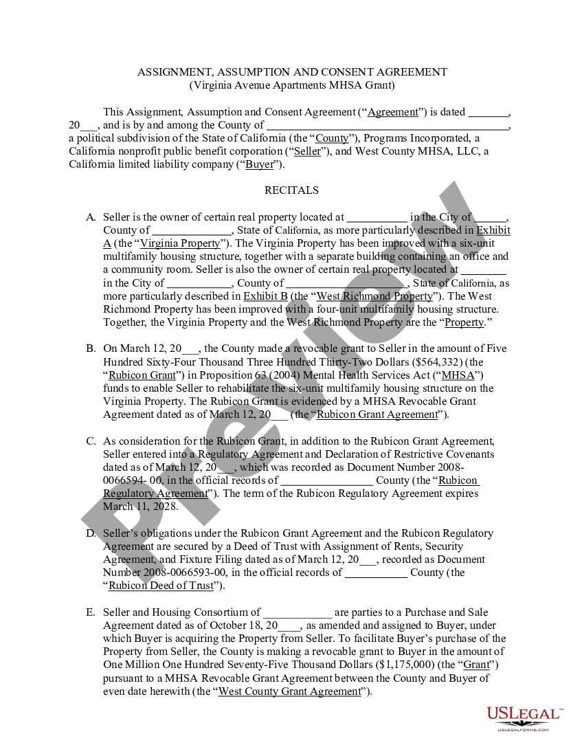 California Assignment, Assumption, and Consent Agreement involving a ...